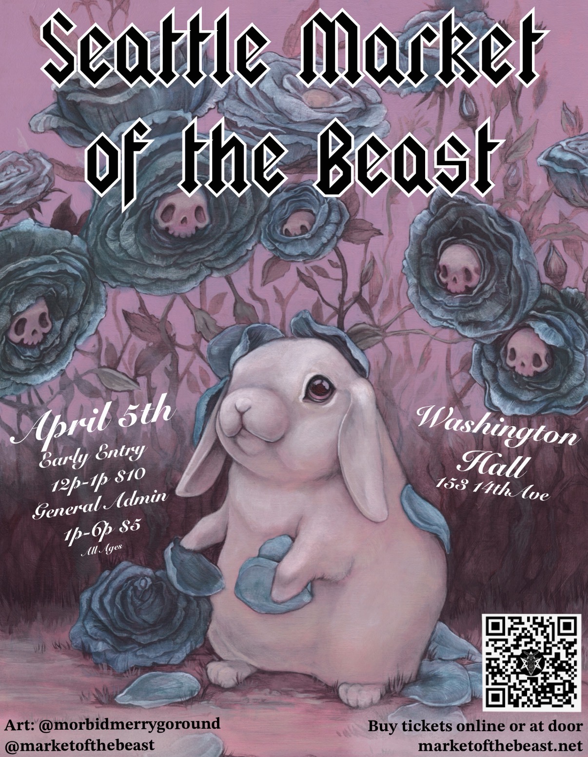 Drawing of a pink floppy eared rabbit with a surreal background of grey flowers with pink skulls in the center